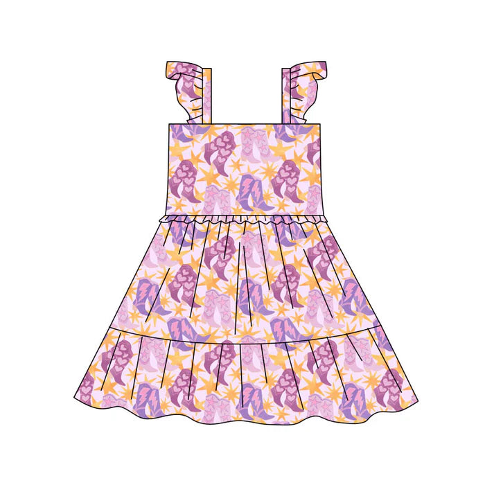 Preorder(moq 5) Baby Girls Lavender Floral Boots Patchwork Western Knee Length Dresses 10.17