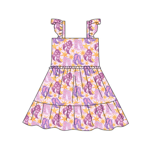 Preorder(moq 5) Baby Girls Lavender Floral Boots Patchwork Western Knee Length Dresses 10.17