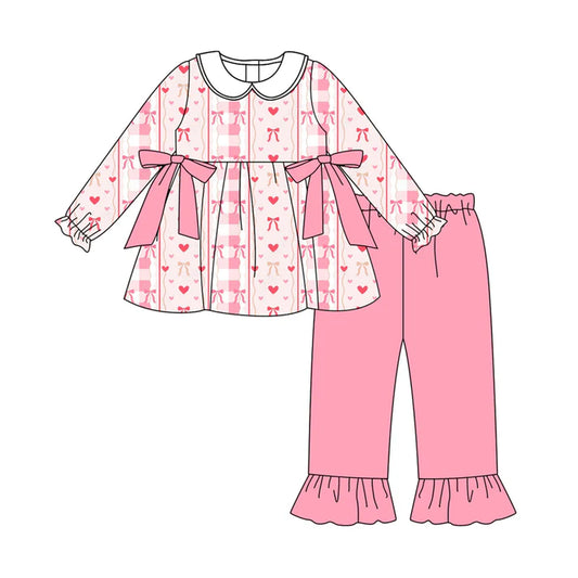 Preorder (moq 5)Baby Girls Long Sleeves Pink Bows Hearts Stripes Tunic Ruffle Pants Set 7.29