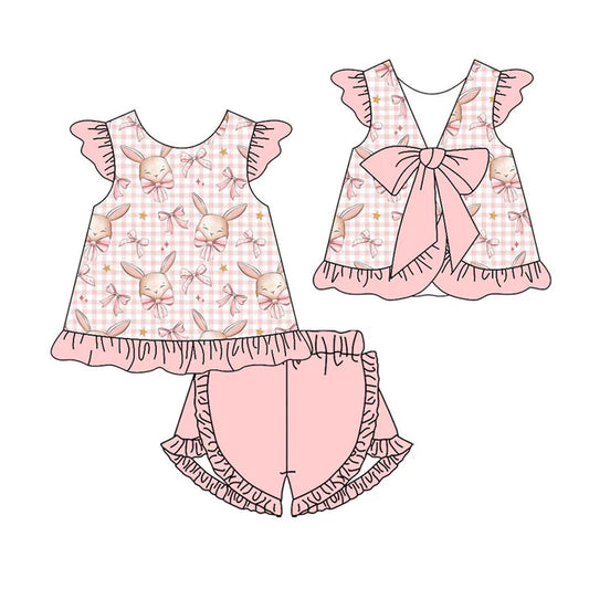 Preorder(moq 5) Baby Girls Pink Bows Rabbits Checked Tunic Ruffle Shorts Easter Clothes Sets 11.19