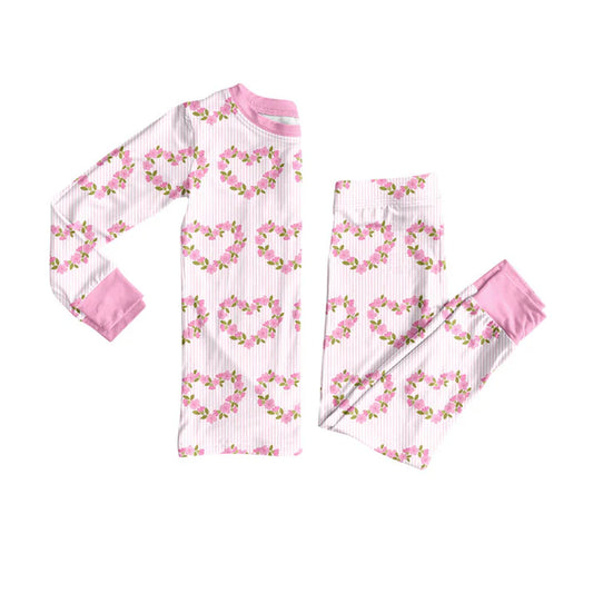 Preorder (moq 5)Baby Girls Pink Flower Hearts Top Pants Valentine Pajamas Sets 9.6