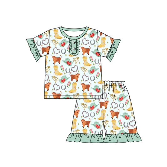 Preorder (moq 5)Baby Girls Aqua Short Ruffle Sleeves Highland Cows Hats Button Top Short Pajamas Set 5.15