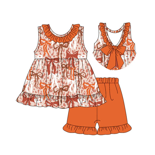 Preorder moq 5 Baby Girls Sleeveless Orange Bows Tunic Ruffle Short Set 4.19