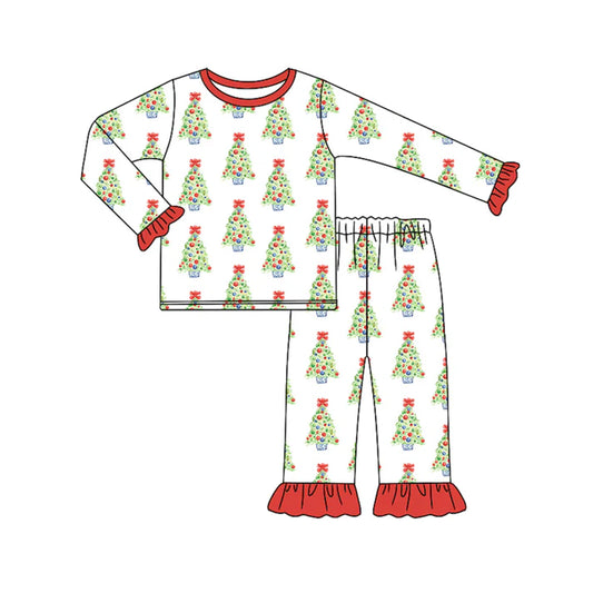 Preorder (moq 5)Baby Girls Long Ruffle Sleeves Trees Plaid Top Pant Pajamas Set 6.18