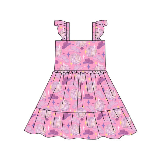 Preorder(moq 5) Baby Girls Pink Hats Stars Patchwork Western Knee Length Dresses 10.17