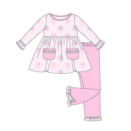 Preorder (moq 5)Baby Girls Long Sleeves Pink Long Ruffle Sleeves Bows Gifts Plaid Pocket Tunic Pant Sets 6.21