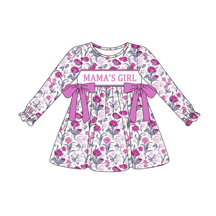 Preorder(moq 8)Baby Girls Hot Pink Flowers Bows Mama's Girl Knee Length Dresses 9.27