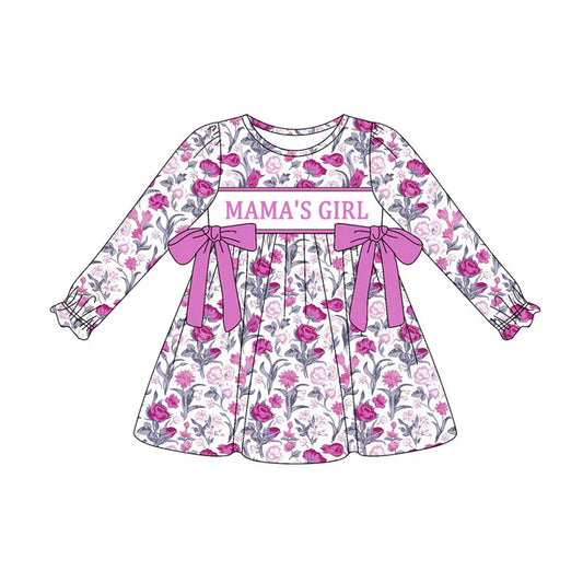 Preorder(moq 8)Baby Girls Hot Pink Flowers Bows Mama's Girl Knee Length Dresses 9.27