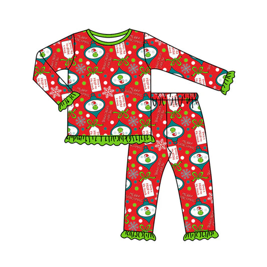 Preorder (moq 5)Baby Girls Long Ruffle Sleeves Cartoon Face Plaid Top Pants Pajamas Set 7.26