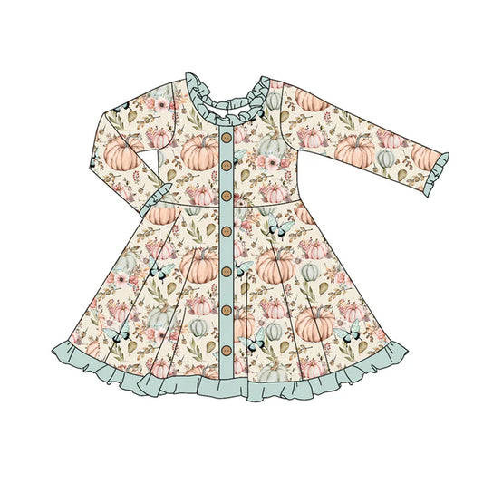 Preorder (moq 5)Baby Girls Long Sleeves Pumpkins Butterfly Button Ruffle Knee Length Dresses 5.29