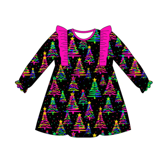 Preorder (moq 5)Baby Girls Long Ruffle Sleeves Colorful Trees Stars Plaid Knee Length Dress 7.28