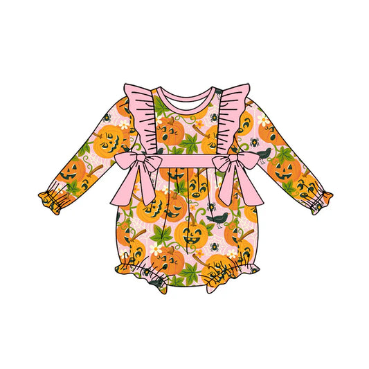 Preorder (moq 5)Baby Girls Long Sleeves Ghost Pumpkins Floral Bows Ruffle Romper 7.5