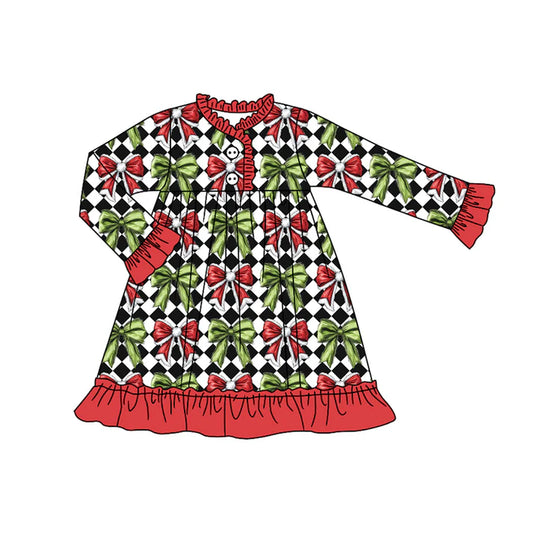 Preorder(moq 5) Baby Girls Long Ruffle Sleeves Green Red Bows Plaid Button Knee Length Dresses 7.24