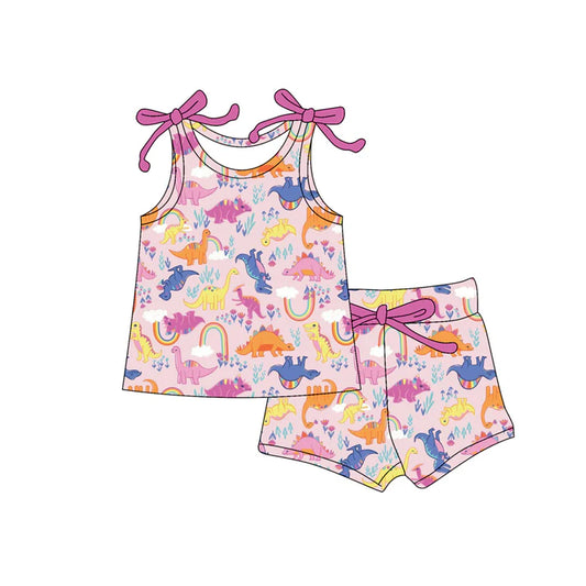 Preorder moq 5 Baby Girls Bows Sleeveless Dinosaurs Rainbow Top Short Set  4.16