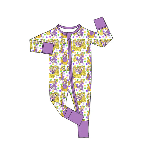 Preorder (moq 5)Baby Girls Mardigras Stars Cartoon Princess Zipper Footie Rompers 10.29