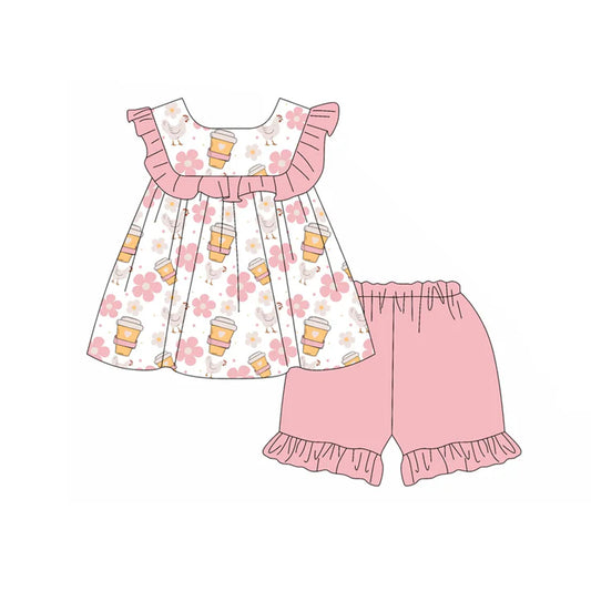 Preorder moq 5 Baby Girls Pink Sleeveless Flowers Chicks Tunic Ruffle Short Set 4.19