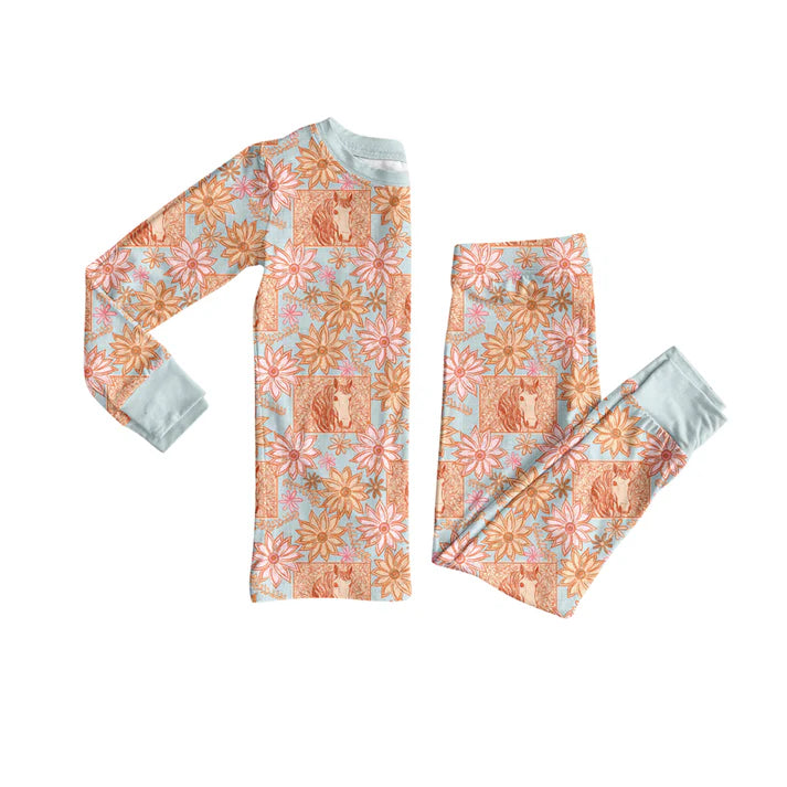 Preorder (moq 5)Baby Girls Daisy Flowers Horses Checked Top Pants Western Pajamas Sets 12.6