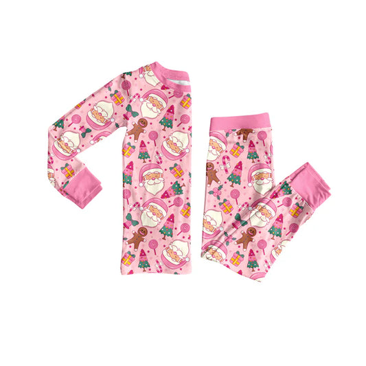 Preorder (moq 5)Baby Girls Pink Long Sleeves Santa Gingerbread Top Pant Pajamas Sets 6.3