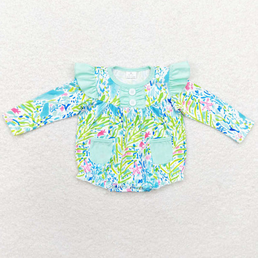 Baby Infant Girls Rompers Green Leaves Pockets Ruffles Rompers LR1353