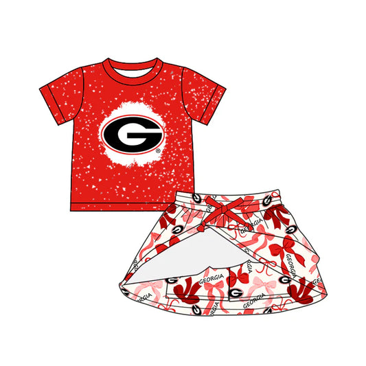 Preorder (moq 5)Baby Girls Red Short Sleeves G Top Georgia Bows Plaid Skorts Team Set 6.16