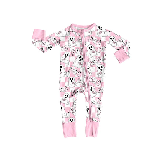 Preorder (moq 5)Baby Girls Pink Plaid Long Sleeves Ghosts BOO Zipper Rompers 6.5