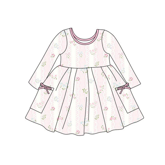 Preorder(moq 5) Baby Girls Pink Flower Hearts Stripe Pockets Knee Length Dresses 11.12