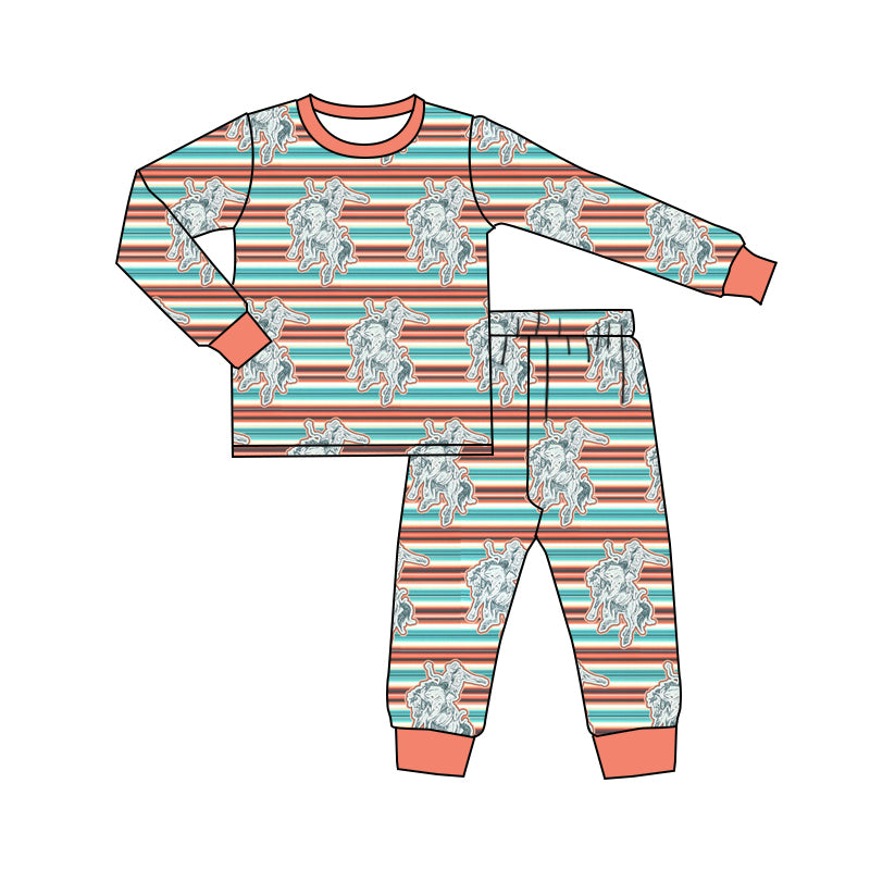 Baby Boys Pajamas Western Horse Tee Top Stripes Pants Sleepwear Sets Preorder Moq 5