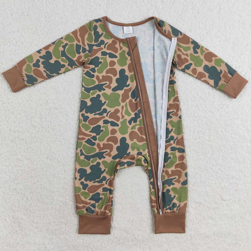 Baby Infant Boys Rompers Fall Green Camo Zip Bamboo Rompers LR1203