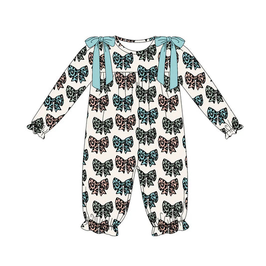 Preorder (moq 5)Baby Girls Long Sleeves Colorful Leopard Bows Plaid Ruffle Pant Romper 7.5