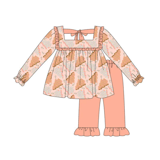 Preorder (moq 5)Baby Girls Peach Long Ruffle Sleeves Trees Plaid Tunic Pant Sets 6.21