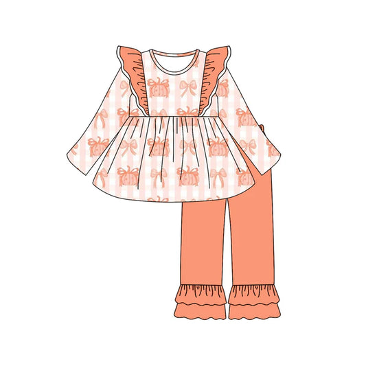 Preorder (moq 5)Baby Girls Peach Long Sleeves Bows Pumpkins Stripe Tunic Ruffle Pant Set 6.18