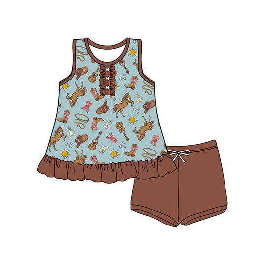 Preorder (moq 5)Baby Girls Dark Brown Sleeveless Button Boots Guitars Tunic Short Set 4.24