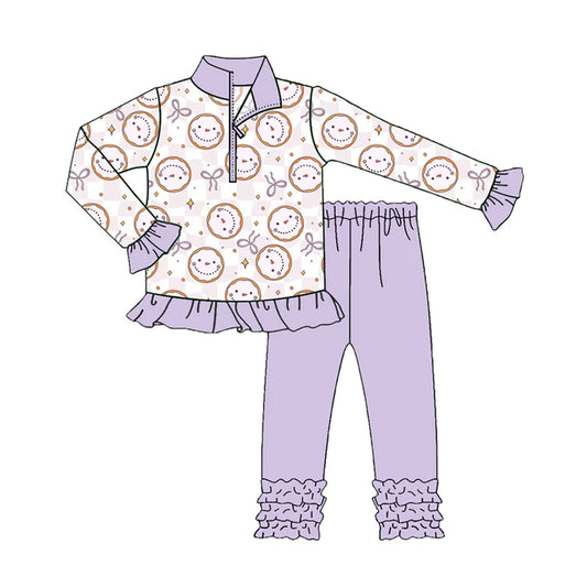 Preorder(moq 5) Baby Girls Purple Smile Bows Zip Pullover Top Legging Boutiqu 8.14
