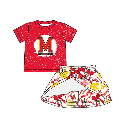 Preorder (moq 5)Baby Girls Red Short Sleeves M Top Bows Plaid Skorts Team Set 6.16