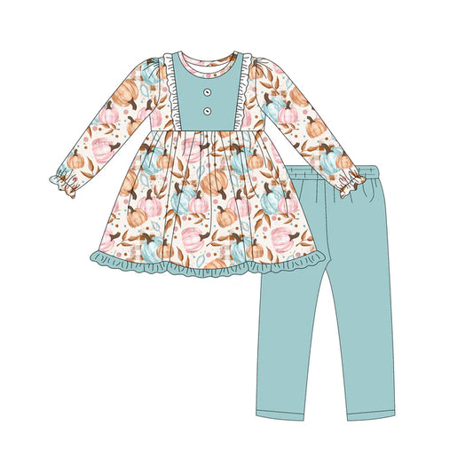Preorder (moq 5)Baby Girls Long Ruffle Sleeves Colorful Pumpkins Button Tunic Legging Pant Set 6.18