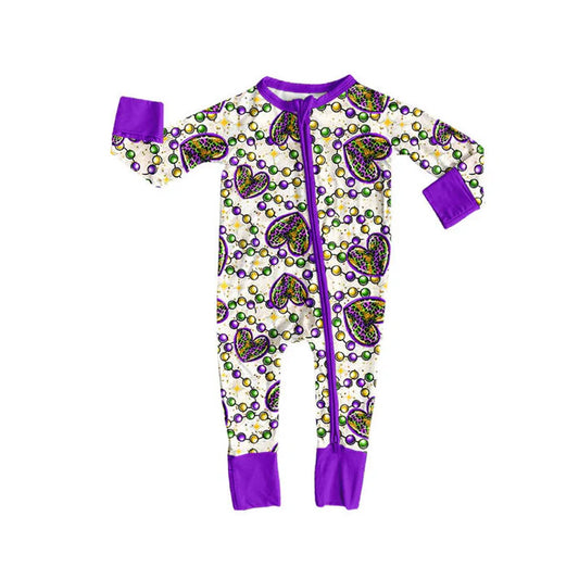 Preorder (moq 8)Baby Girls Leopard Hearts Checked Mardigras Zipper Footie Rompers 9.9