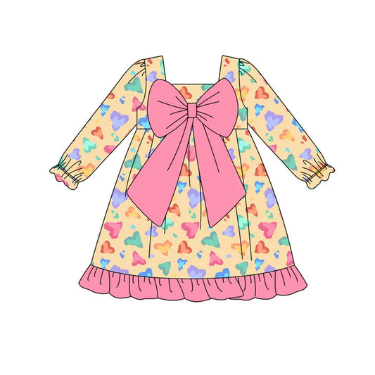 Preorder (moq 8)Baby Girls Colorful Hearts Leopard Bows Valentine Ruffle Knee Length Dress 9.18