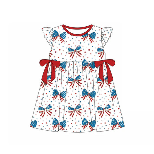Preorder moq 5 Baby Girls Flutter Sleeves Blue Red Stars Bows 4th Of July Knee Length Dress 4.22