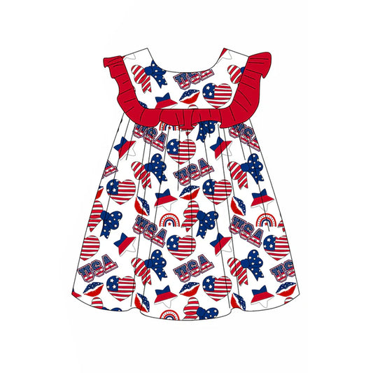 Preorder moq 5 Baby Girls Sleeveless Blue Red Flag Hearts Bows 4th Of July Knee Length Dress 4.22