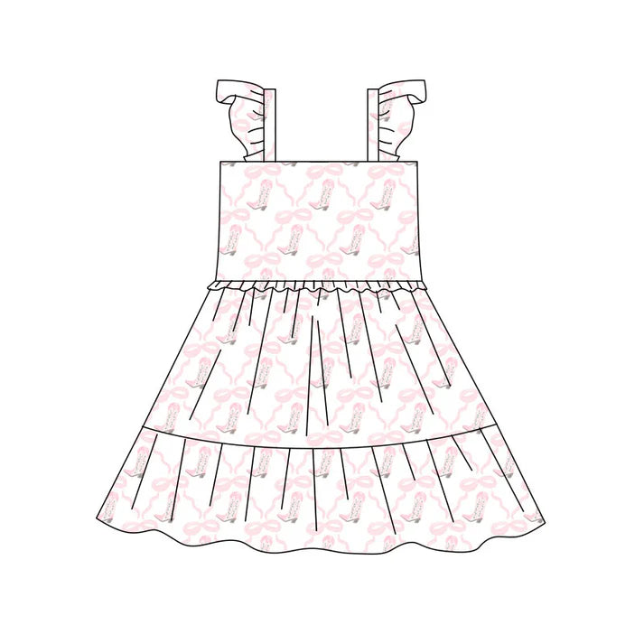 Preorder(moq 5) Baby Girls Pink Bows Boots Checked Patchwork Western Knee Length Dresses 10.17