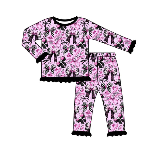 Preorder (moq 5)Baby Girls Skull Bows Plaid Top Ruffle Pant Halloween Pajamas Set 8.1