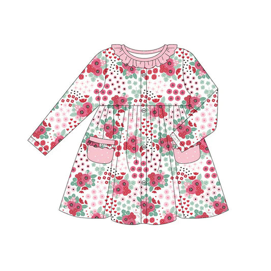 Preorder (moq 8)Baby Girls Long Sleeve Pink Flowers Button Pockets Knee Length Dresses 9.12