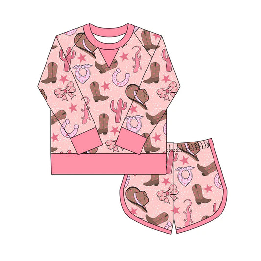 Preorder(moq 8)Baby Girls Pink Stars Boots Cactus Long Sleeve Top Shorts Western Clothes Set 9.27