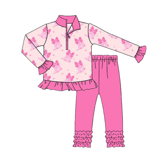 Preorder (moq 5)Baby Girls Pink Bows Boots Zipper Pullover Valentine Ruffle Leggings Clothes Sets 9.3