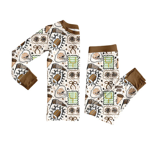 Preorder (moq 5)Baby Girls Long Sleeves Bows Footballs Plaid Top Pants Pajamas Set 7.28