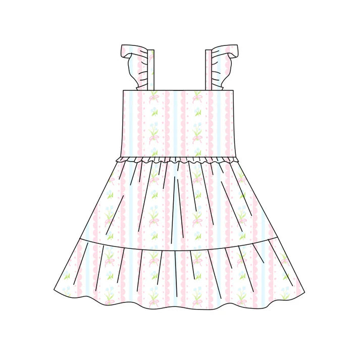 Preorder(moq 5) Baby Girls Bows Flowers Stripe Patchwork Knee Length Dresses 10.17