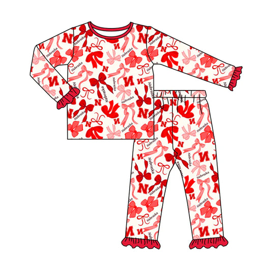 Preorder MOQ 5 Long sleeves N red bow kids girls team pajamas 8.25