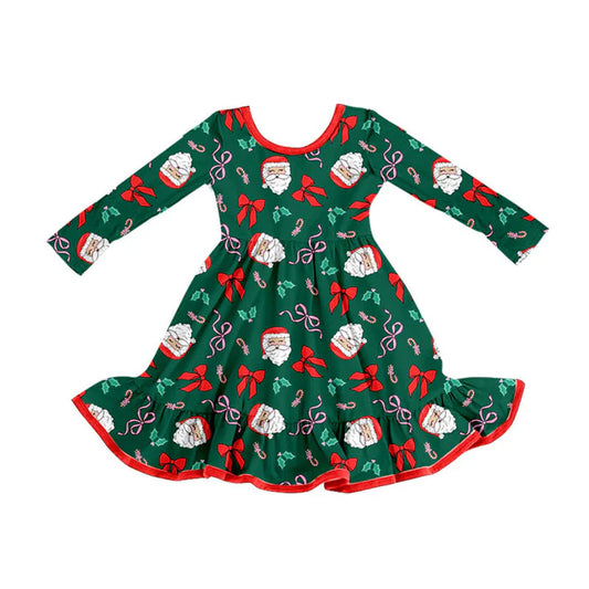 Preorder (moq 8)Baby Girls Dark Green Santa Bows Holly Christmas Ruffle Knee Length Dresses 9.22