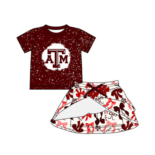 Preorder (moq 5)Baby Girls Dark Red Short Sleeves ATM Top Bows Plaid Skorts Team Set 6.14