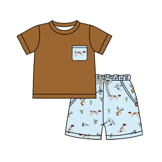 Preorder (moq 5)Baby Boys Brown Short Sleeves Pocket Top Blue Deer Ducks Dogs Short Set 4.28